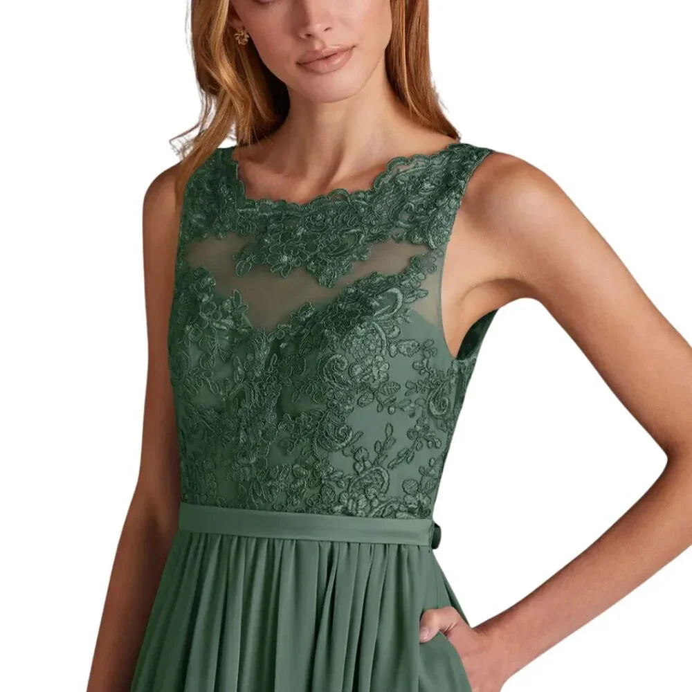 Azazie Green Lace Bodice Chiffon Gown with Side Slit - Picture 5 of 10